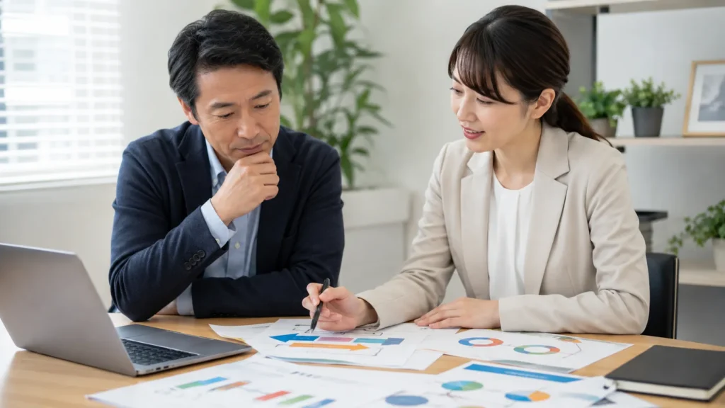 ホームページから問い合わせを増やすために問題を分析し改善方法を検討する様子